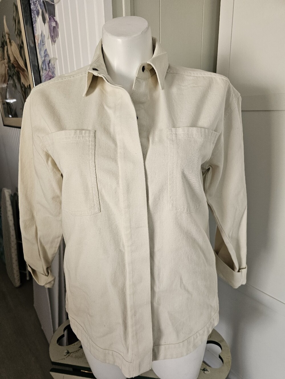 Melrose and Market Medium Cream Twill Shacket Denim Shirt Jacket Cotton Ivory